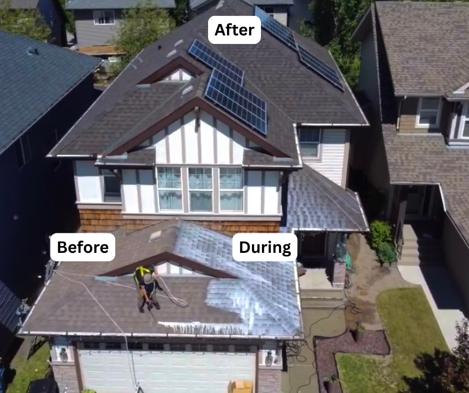 Tudor-style home with the front slope of the roof being sprayed with GreenSoy™ rejuvenator